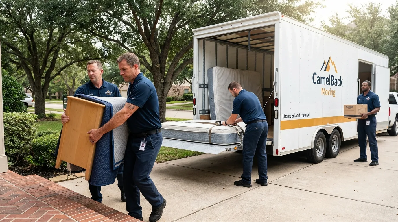 Crew loading residential truck for cross-state move from Victoria, TX