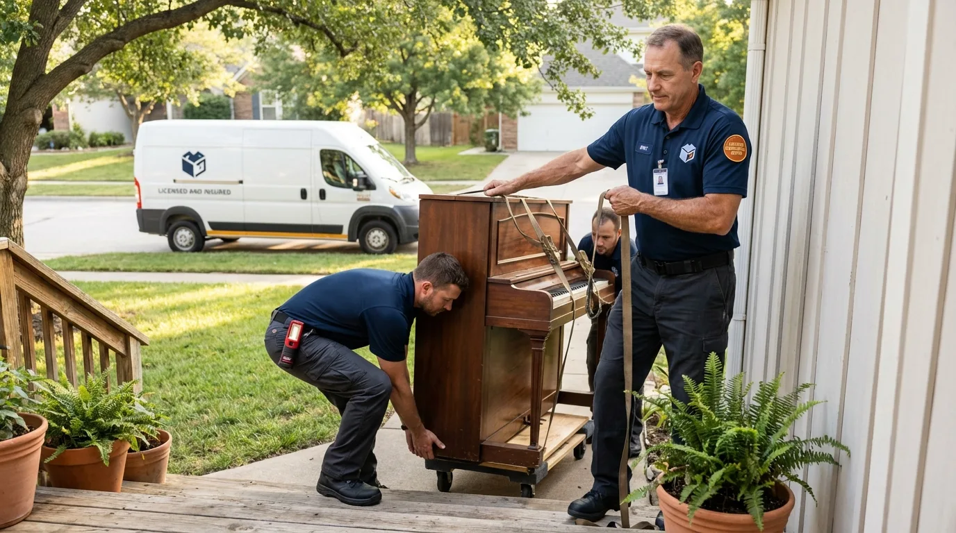 Licensed piano movers securing grand piano in Victoria, TX