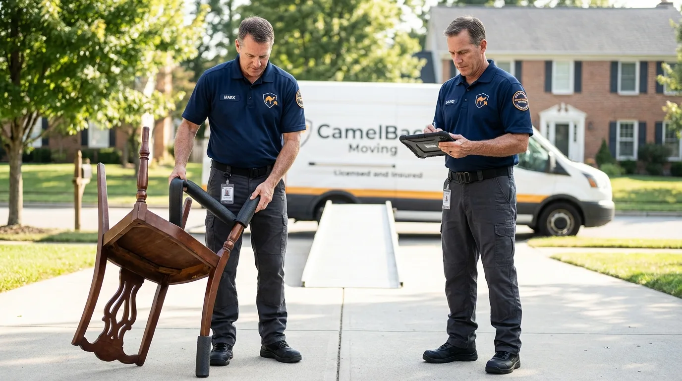 Movers inspecting furniture for damage prevention before loading in Victoria, TX
