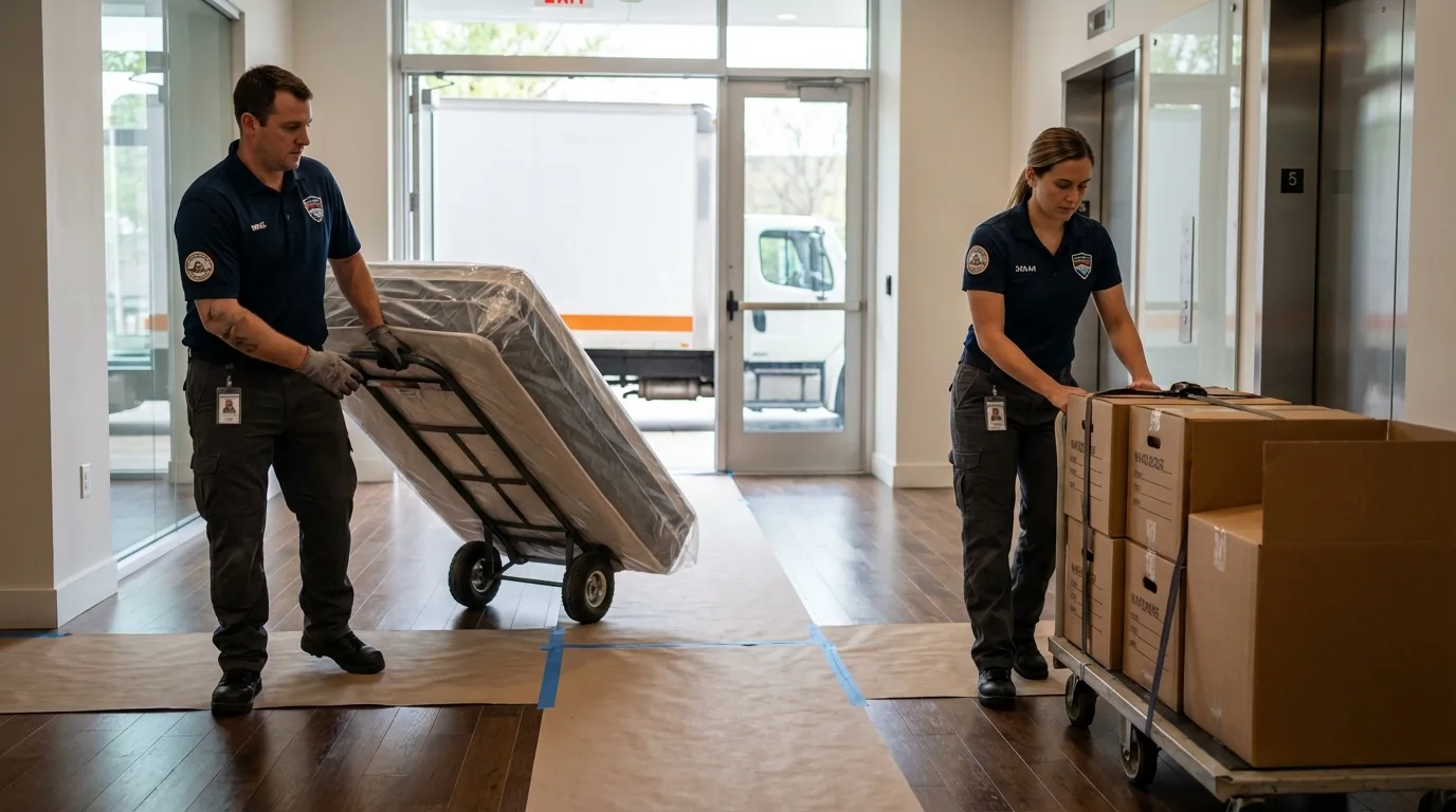 Professional apartment movers loading elevator in Victoria, TX
